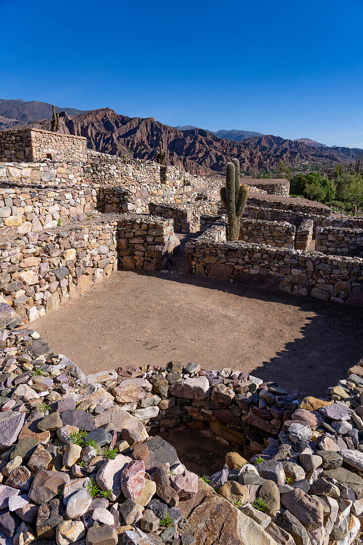 Partially reconstructed ruins in the Pucara of Tilcara, a pre-Hispanic archeological site near Tilcara, Humahuaca Valley, Argentina.