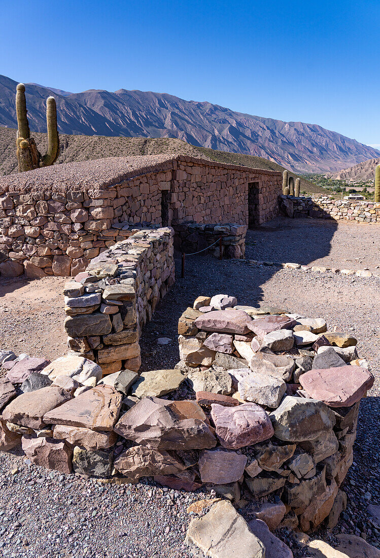 Partially reconstructed ruins in the Pucara of Tilcara, a pre-Hispanic archeological site near Tilcara, Humahuaca Valley, Argentina.