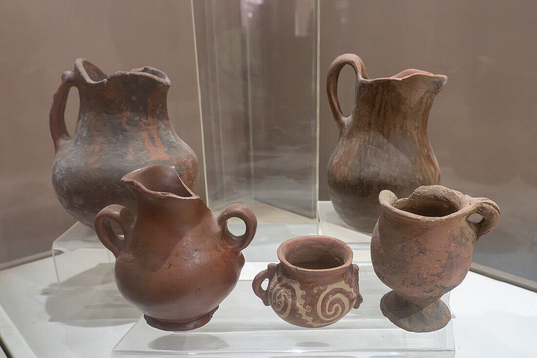 Post-Hispanic Amerindian ceramic pottery in the Pio Pablo Diaz Archeological Museum in Cachi, Argentina. Post Contact Period.