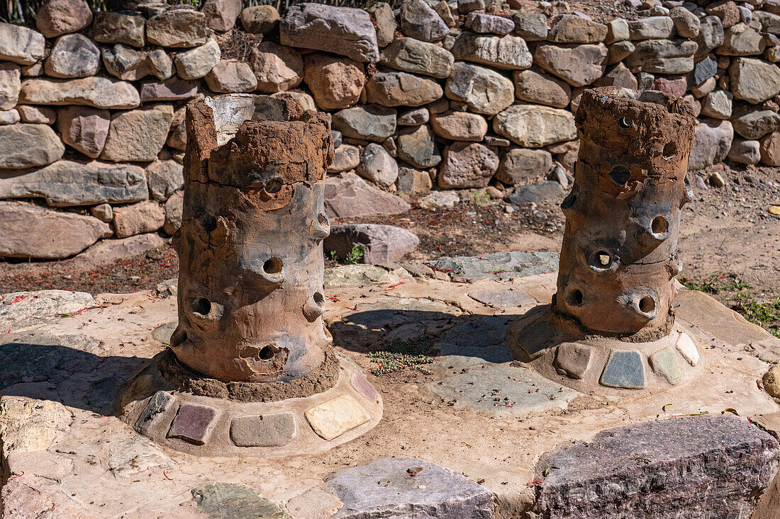 Indigenous Andean wayra or incense burners in the Jardin Botánico de Altura near Tilcara, Argentina.