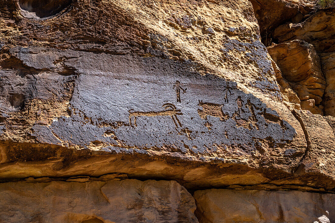 A pre-Hispanic Native American Fremont Culture rock art petroglyph panel in Nine Mile Canyon, Utah.