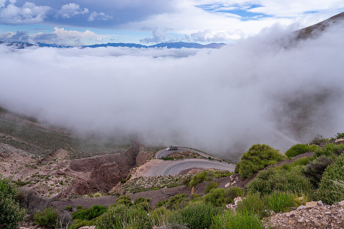 Low clouds over switchbacks on Route 52 on the Cuesta de Lipan between Purmamarca & Salinas Grande, Argentina.