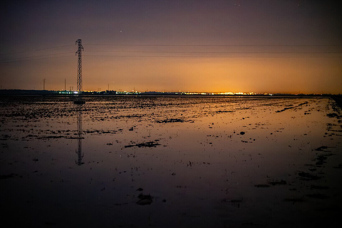 Ein ruhiger Blick auf überschwemmte Reisfelder im Winter auf der Isla Mayor in Sevilla, Spanien, der die ruhige Landschaft unter einem leuchtenden Nachthimmel zeigt