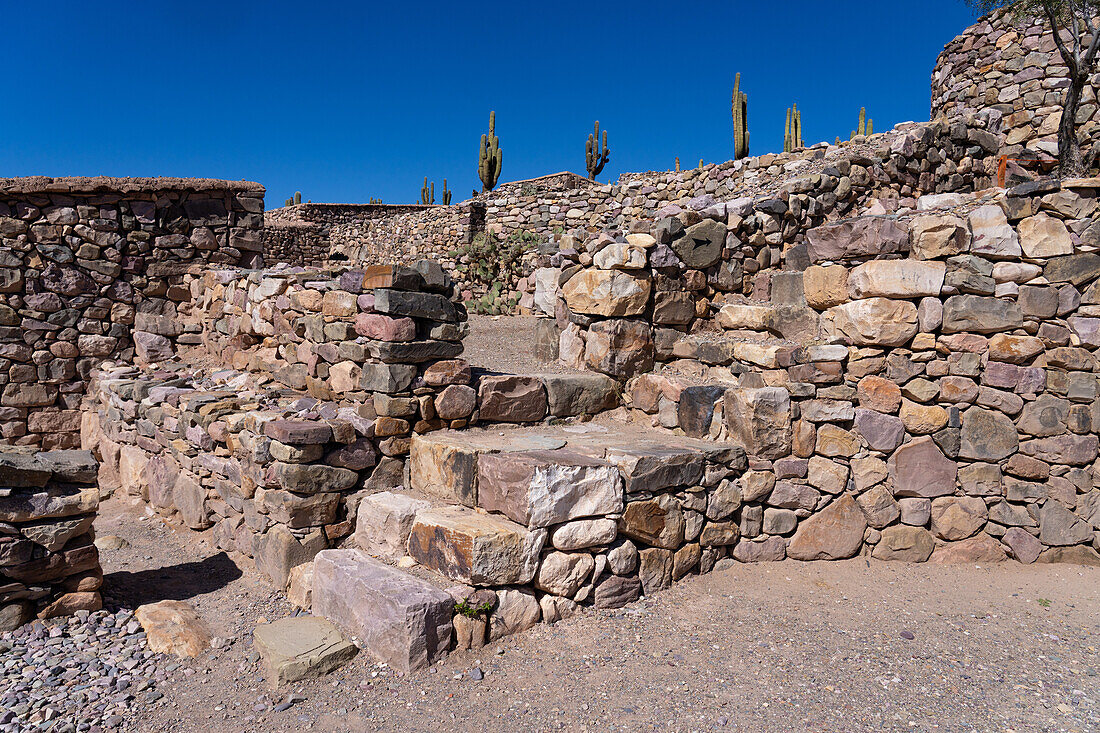 Partially reconstructed ruins in the Pucara of Tilcara, a pre-Hispanic archeological site near Tilcara, Humahuaca Valley, Argentina.