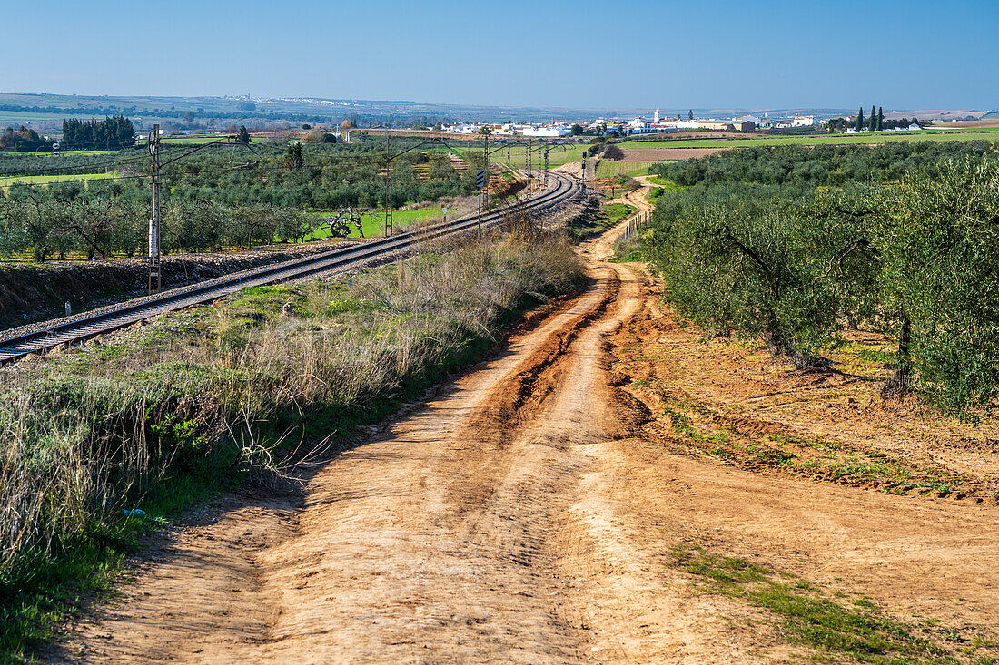 Schöne ländliche Szene mit Landstraßen und Eisenbahnschienen in Carrion de los Cespedes, Sevilla, Spanien. Sie fängt die Essenz des ruhigen Dorflebens ein