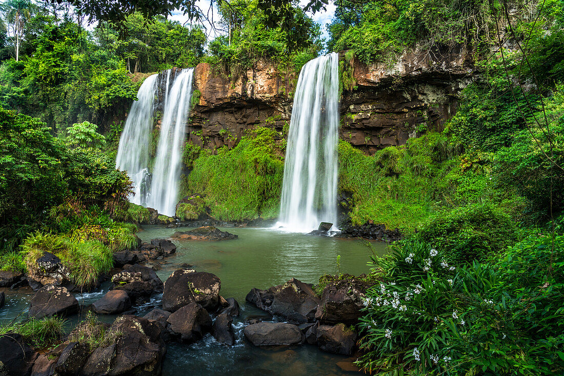 The Dos Hermanos Falls at Iguazu Falls National Park in Argentina. A UNESCO World Heritage Site. The flowers at right are the White Ginger Lily or White Garland-lily, Hedychium coronarium.