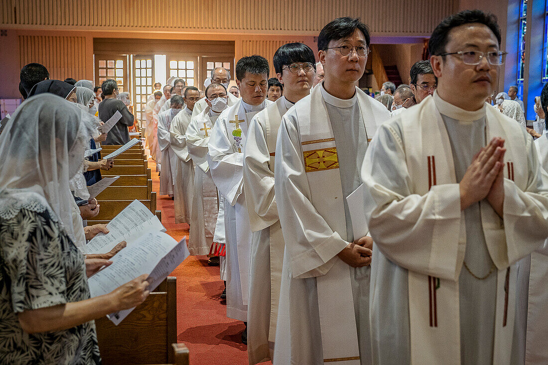 Night mass on August 9th, every year, in memory of the victims of the atomic bomb. Urakami Cathedral, Nagasaki, Japan