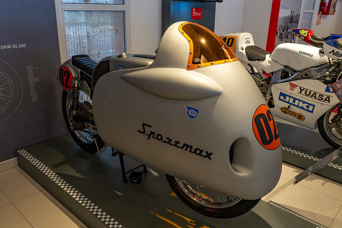 A 1956 streamlined NSU Supermax Carrera racing motorcycle in the Automobile Museum of Termas de Rio Hondo, Argentina.