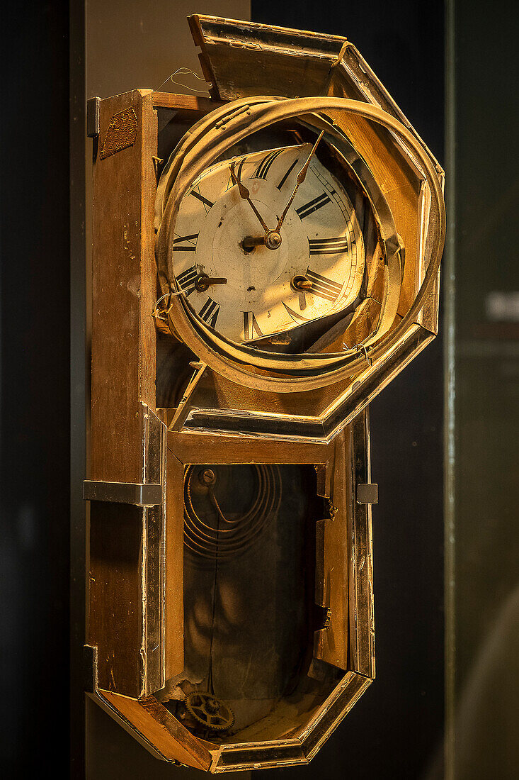 Clock that suffered the atomic bombing in 1945, which stopped at the time of the explosion 10:58 am on August 9. Atomic Bomb Nagasaki Peace Memorial Museum, Nagasaki, Japan