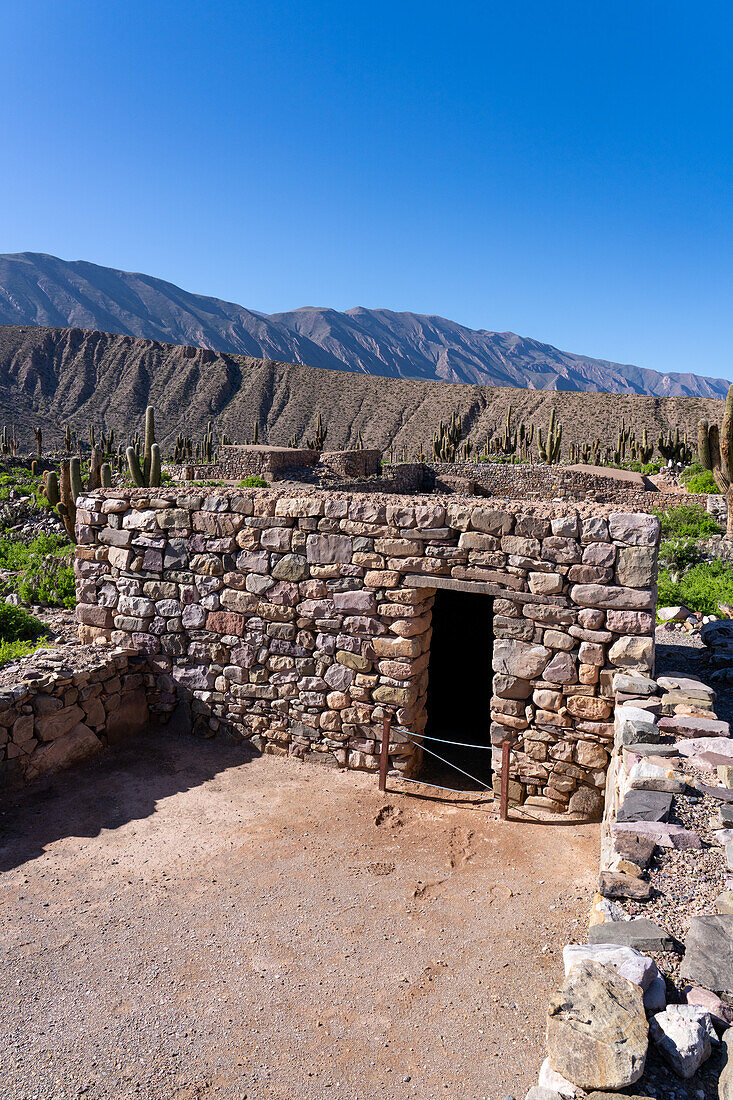 Partially reconstructed ruins in the Pucara of Tilcara, a pre-Hispanic archeological site near Tilcara, Humahuaca Valley, Argentina.