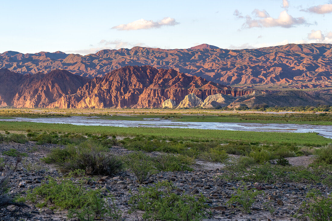 Wetlands along the Calchaqui River in sunset light in the Calchaqui Valley of Salta Province, Argentina.