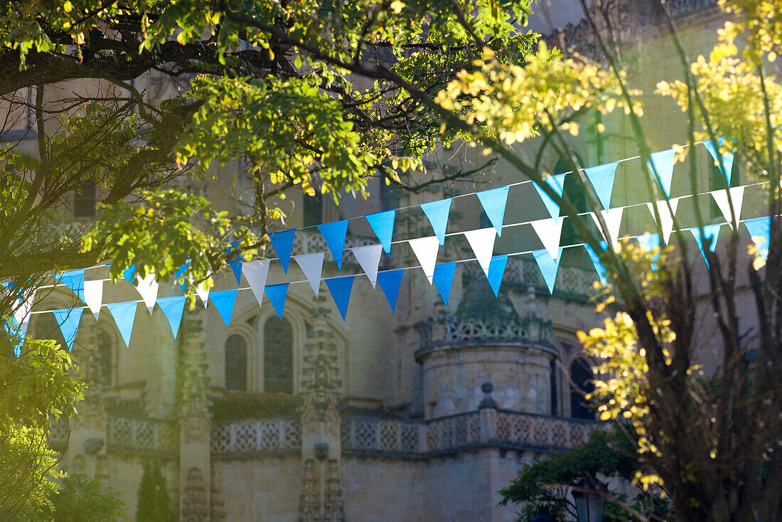 Celebration flags in front of the Cathedral of Segovia.