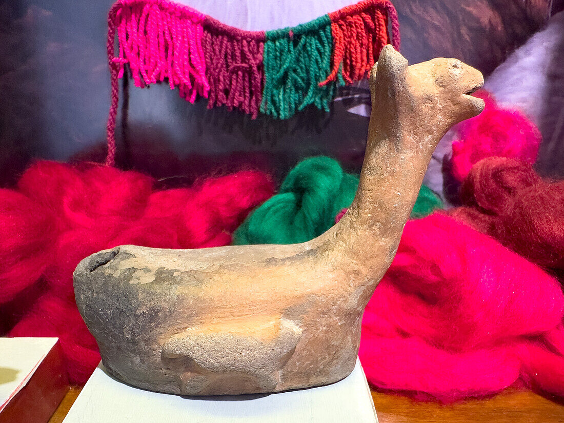 Pre-Hispanic ceramic vessel from the Humahuaca Valley. Dr. Eduardo Casanova Archeology Museum, Tilcara, Argentina. The handle is shaped like a llama head.