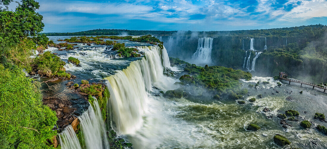 Iguazu Falls National Park in Brazil in the foreground and Argentina behind. A UNESCO World Heritage Site. Pictured is the Floriano Waterfall in front and Salto Two Musketeers and the Three Musketeers Waterfall across the river.