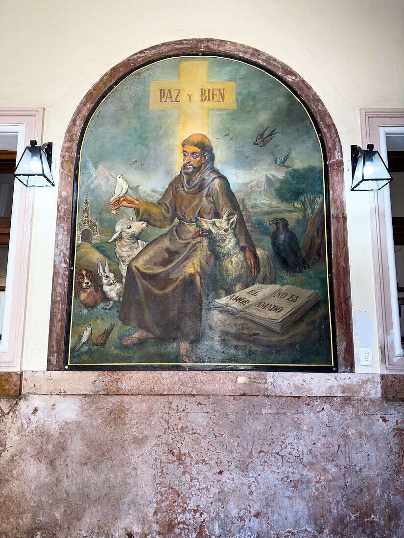 Painting of St. Francis of Assisi on an outside wall of the Basilica of San Francisco in Monserrat in Buenos Aires, Argentina.