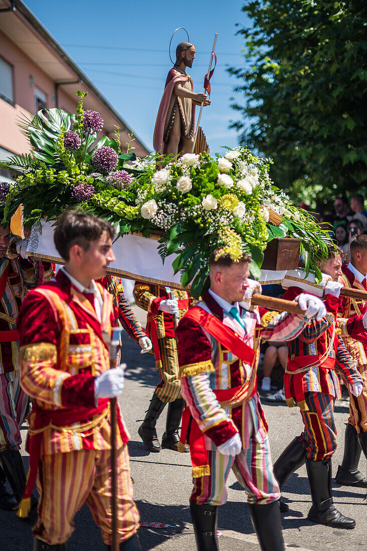 Religious procession finishing at São João Baptista Church during the Festival of Saint John of Sobrado, also known as Bugiada and Mouriscada de Sobrado, takes place in the form of a fight between Moors and Christians , locally known as Mourisqueiros and Bugios, Sao Joao de Sobrado, Portugal