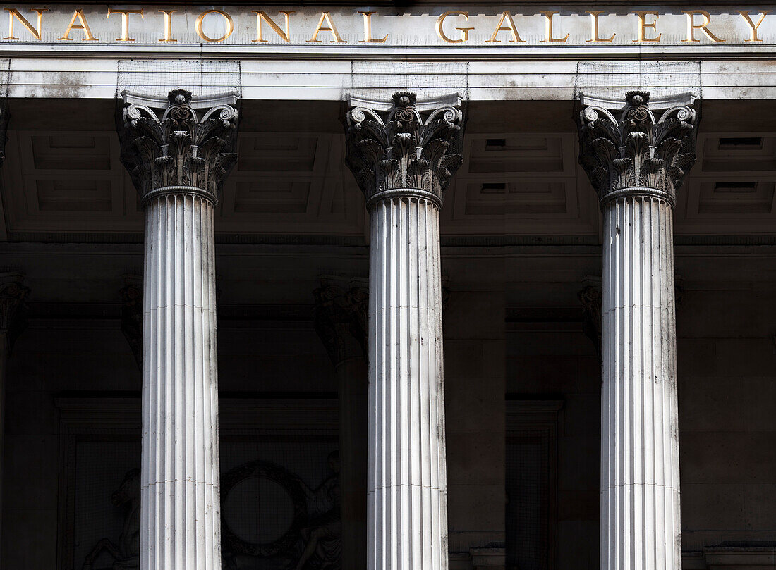 Elegant columns of the National Gallery highlight classical design in Londons vibrant cultural scene.