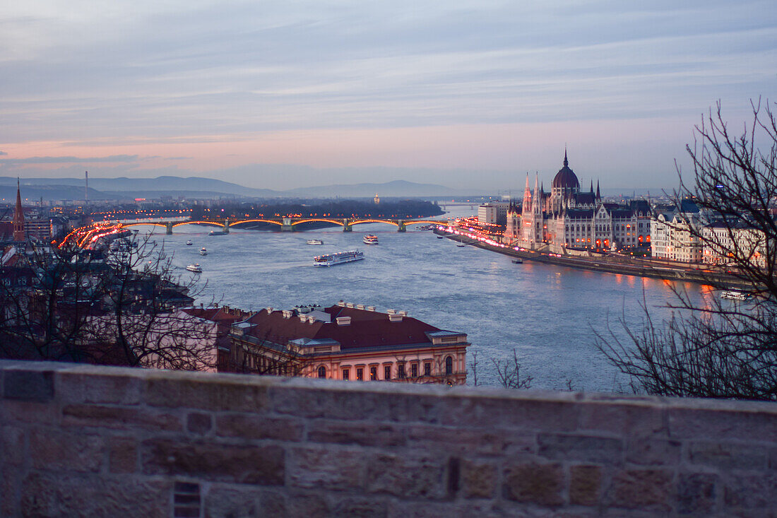 Parliament building and Danube River at sunset, Budapest, Hungary, Europe