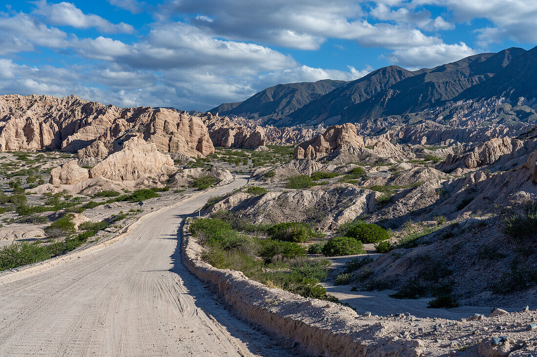 Route 40, an unpaved dirt road through the eroded landscape of the Angastaco Natural Monument in the Calchaqui Valley, Argentina.