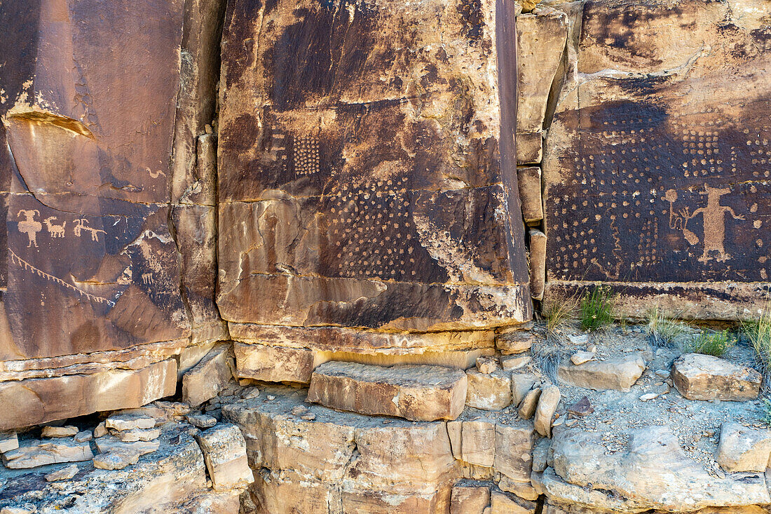 The Coyote Placing the Stars pre-Hispanic Fremont Amerindian rock art panel in Nine Mile Canyon, Utah. This panel may depict the Amerindian myth of how the coyote placed the stars in the sky.