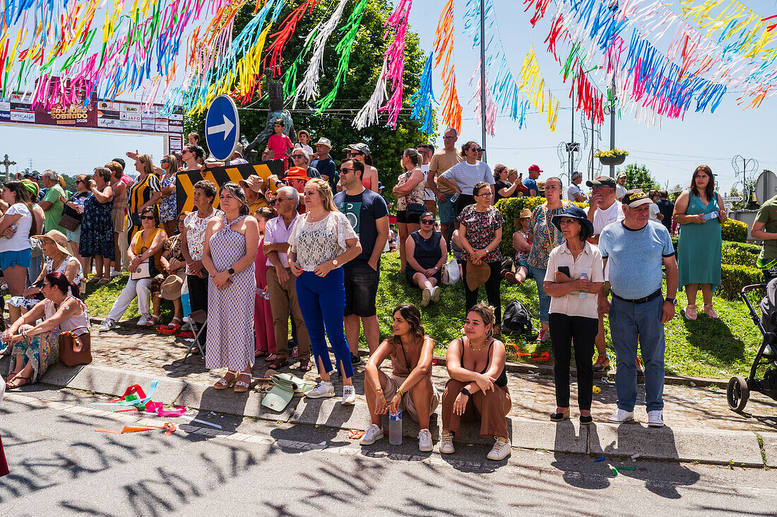 Religious procession finishing at São João Baptista Church during the Festival of Saint John of Sobrado, also known as Bugiada and Mouriscada de Sobrado, takes place in the form of a fight between Moors and Christians , locally known as Mourisqueiros and Bugios, Sao Joao de Sobrado, Portugal