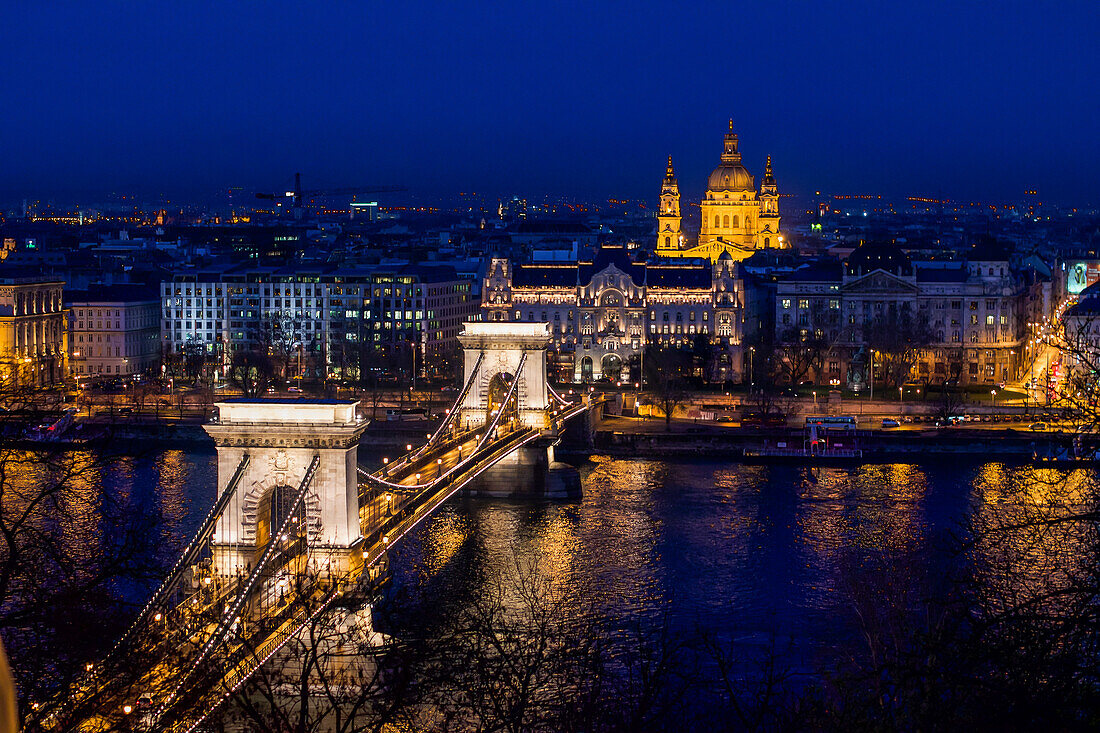 St. Stephen's Basilica and Szechenyi Chain Bridge in Budapest, Hungary