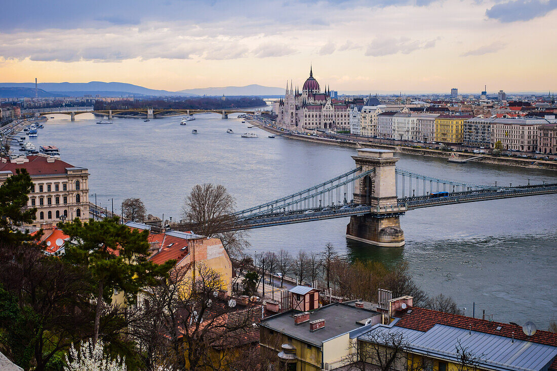 Parliament building, Chain Bridge and Danube River in Budapest, Hungary, Europe