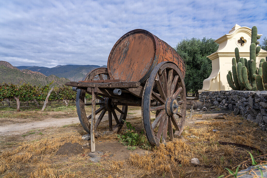 Ein antiker Weinwagen und ein Weinfass auf dem Weingut Finca El Recreo in Cafayate, Argentinien