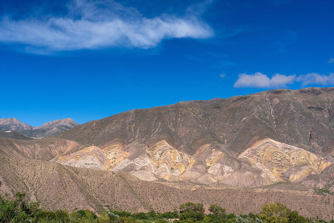 The colorful Paleta del Pintor or Painter's Palette in the Humahuaca Valley or Quebrada de Humahuaca in Argentina.