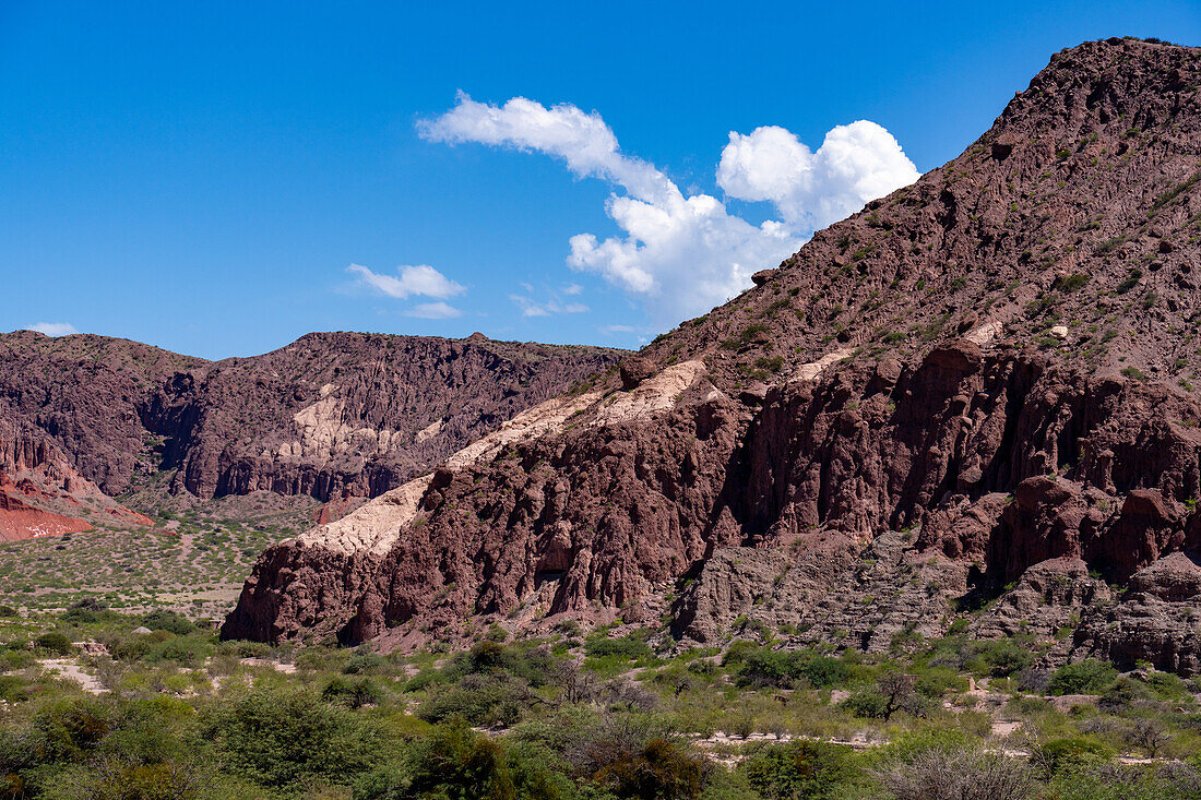 Colorful eroded geologic formations in the Quebrada de Cafayate in the Calchaqui Valley of Argentina. Also called the Quebrada de las Conchas.