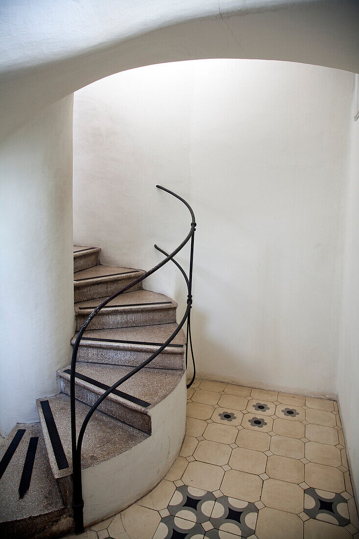 Barcelona, Spain, Sept 4 2008, The elegant spiral staircase leads to the rooftop of Casa Batlló, showcasing Gaudís unique architectural style in Barcelona.