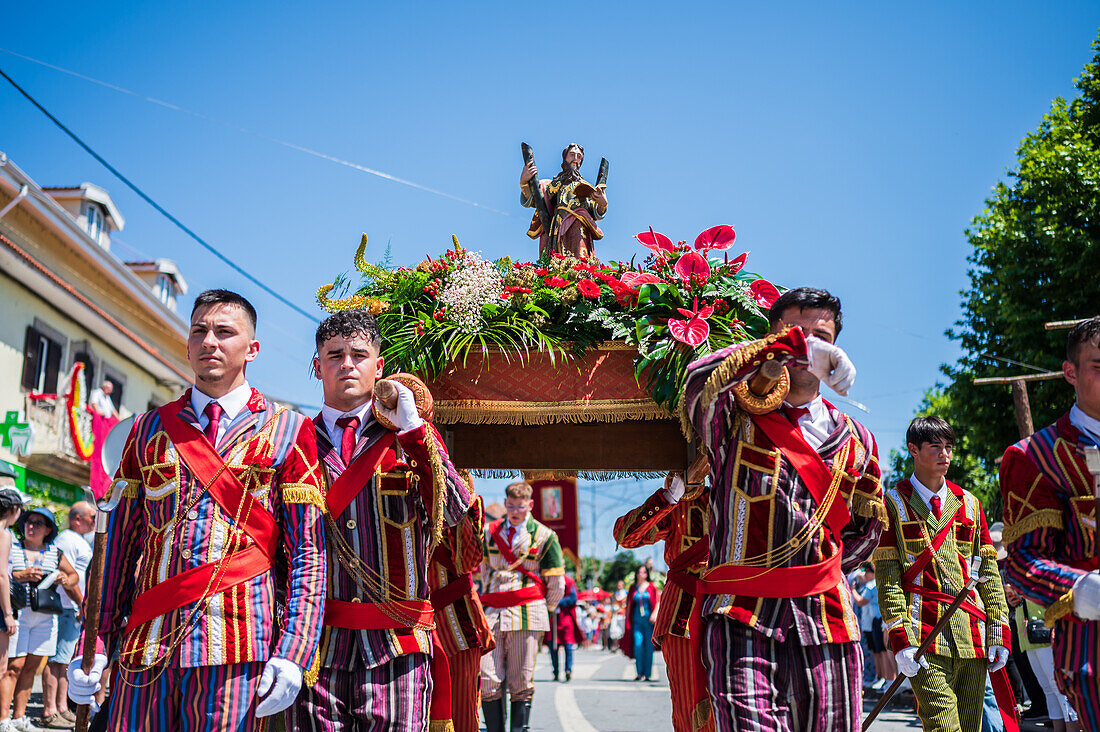 Religious procession finishing at São João Baptista Church during the Festival of Saint John of Sobrado, also known as Bugiada and Mouriscada de Sobrado, takes place in the form of a fight between Moors and Christians , locally known as Mourisqueiros and Bugios, Sao Joao de Sobrado, Portugal