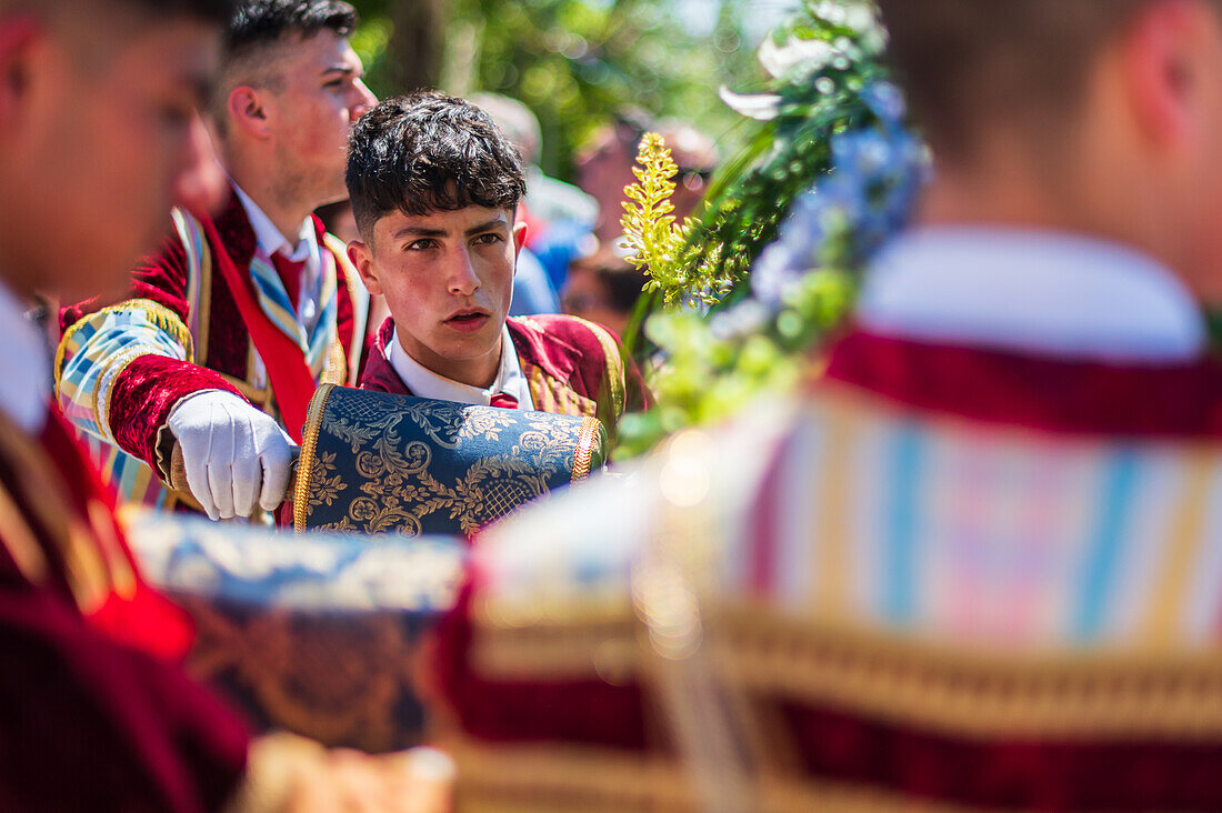 Religious procession finishing at São João Baptista Church during the Festival of Saint John of Sobrado, also known as Bugiada and Mouriscada de Sobrado, takes place in the form of a fight between Moors and Christians , locally known as Mourisqueiros and Bugios, Sao Joao de Sobrado, Portugal