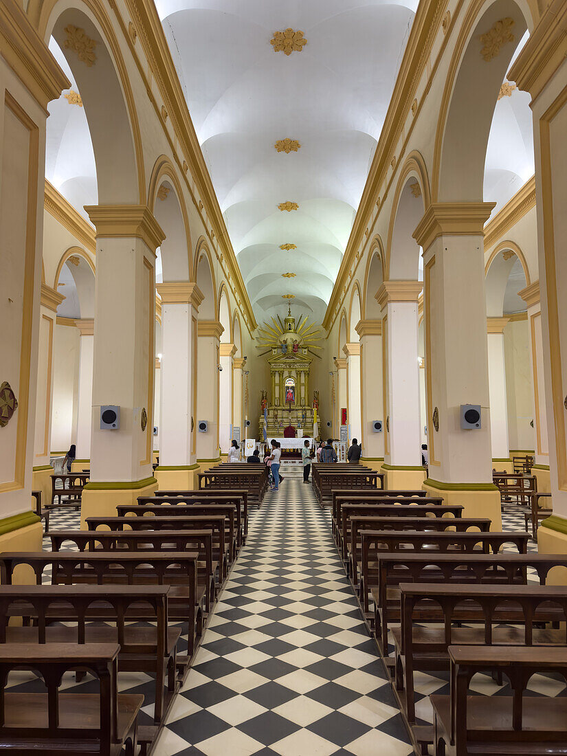 The nave of the Cathedral of Our Lady of the Rosary in Cafayate, Salta Province, Argentina.