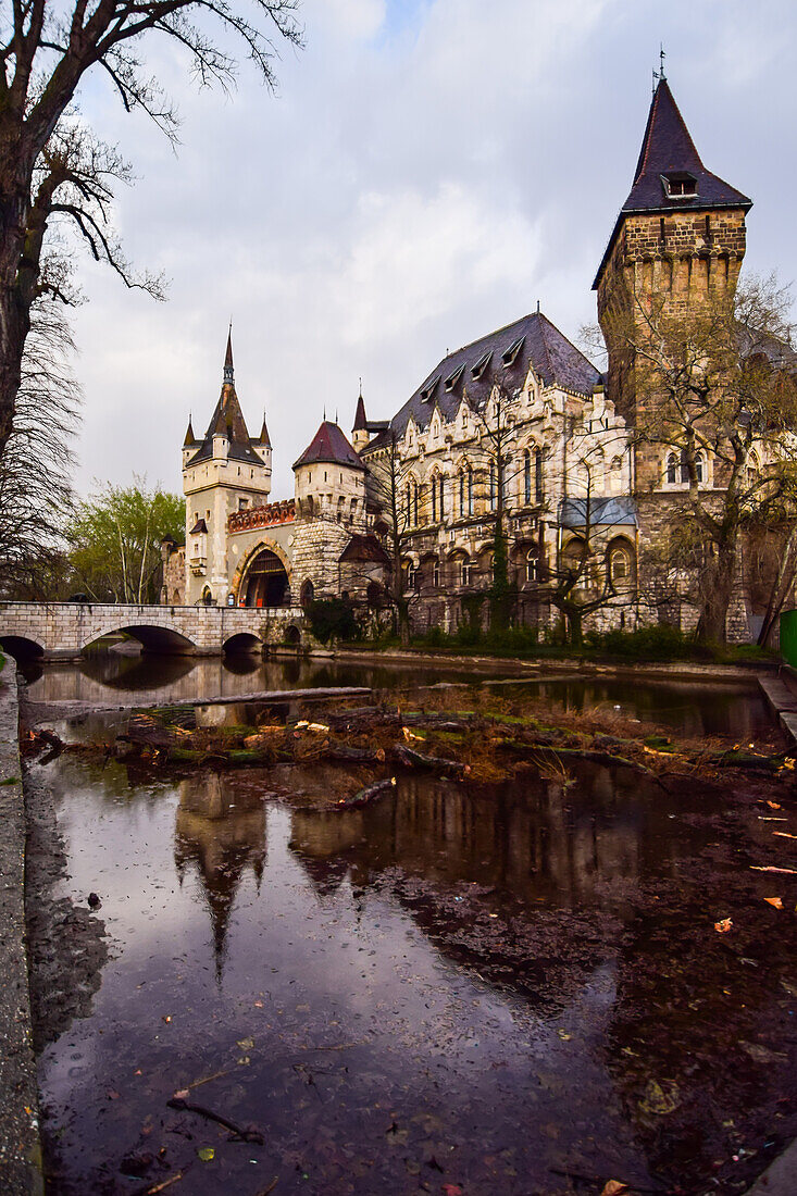 Die Burg Vajdahunyad spiegelt sich auf dem Wasser, Budapest, Ungarn