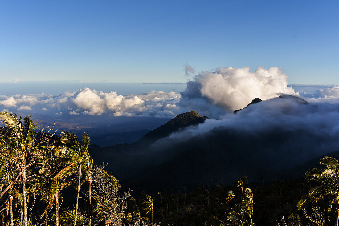 Sonnenaufgangsansicht der Sierra Nevada de Santa Marta, Berge, einschließlich Cerro Kennedy, auch bekannt als "la Cuchillo de San Lorenzo", Kolumbien