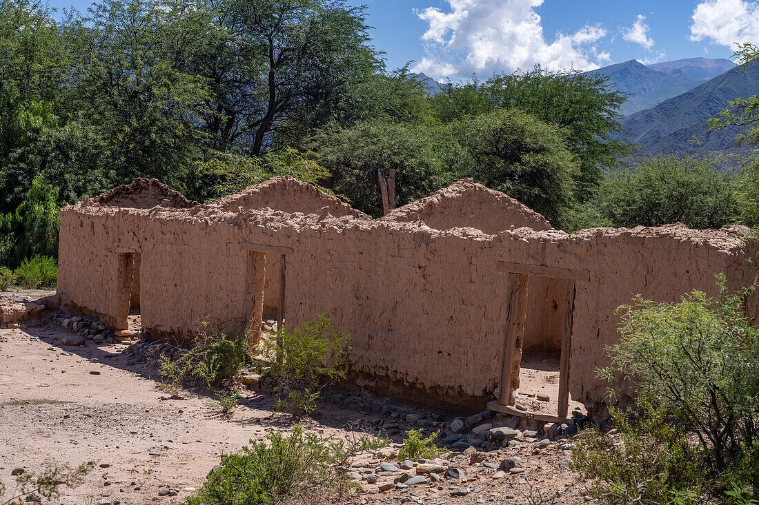 Ruinen der Lehmbauten einer ehemaligen Hazienda bei Seclantas im Calchaqui-Tal in der Provinz Salta, Argentinien