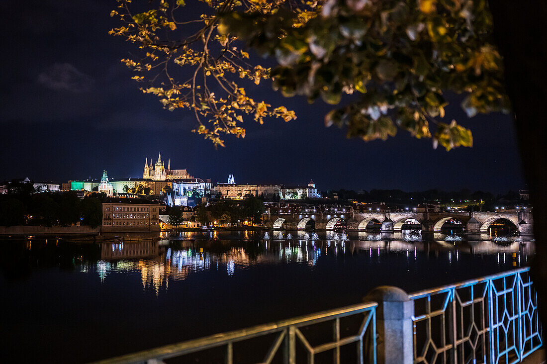 Night view of Prague Castle and Vltava River