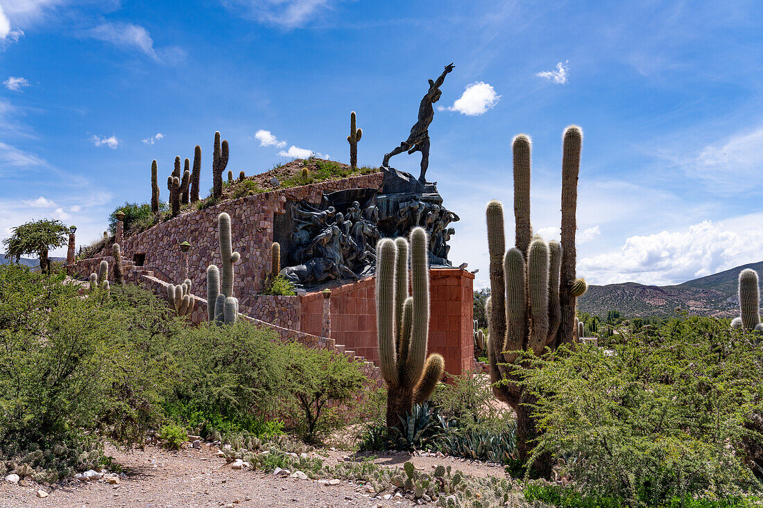 Monument to the Heros of lndependence in Humahuaca in the Humahuaca Valley or Quebrada de Humahuaca, Argentina. The single statue on the monument depicts an indigenous man.