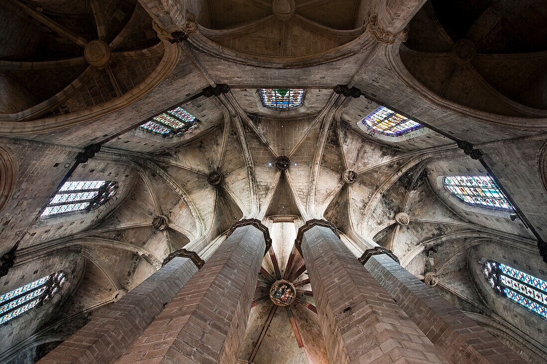 Barcelona, Spain, Sept 4 2008, The impressive vaulted ceiling of Santa María del Mar showcases intricate architecture and beautiful stained glass in Barcelona.