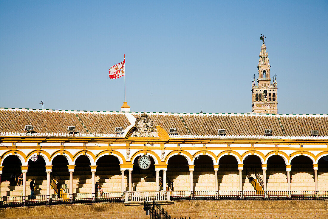 Die Stierkampfarena Maestranza zeigt ihre ikonische Architektur unter klarem Himmel, mit der wehenden Fahne auf der Spitze und dem Turm im Hintergrund