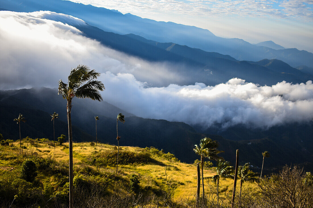 Sunrise view of the Sierra Nevada de Santa Marta, Mountains, including Cerro Kennedy, also known as 'la Cuchillo de San Lorenzo', Colombia