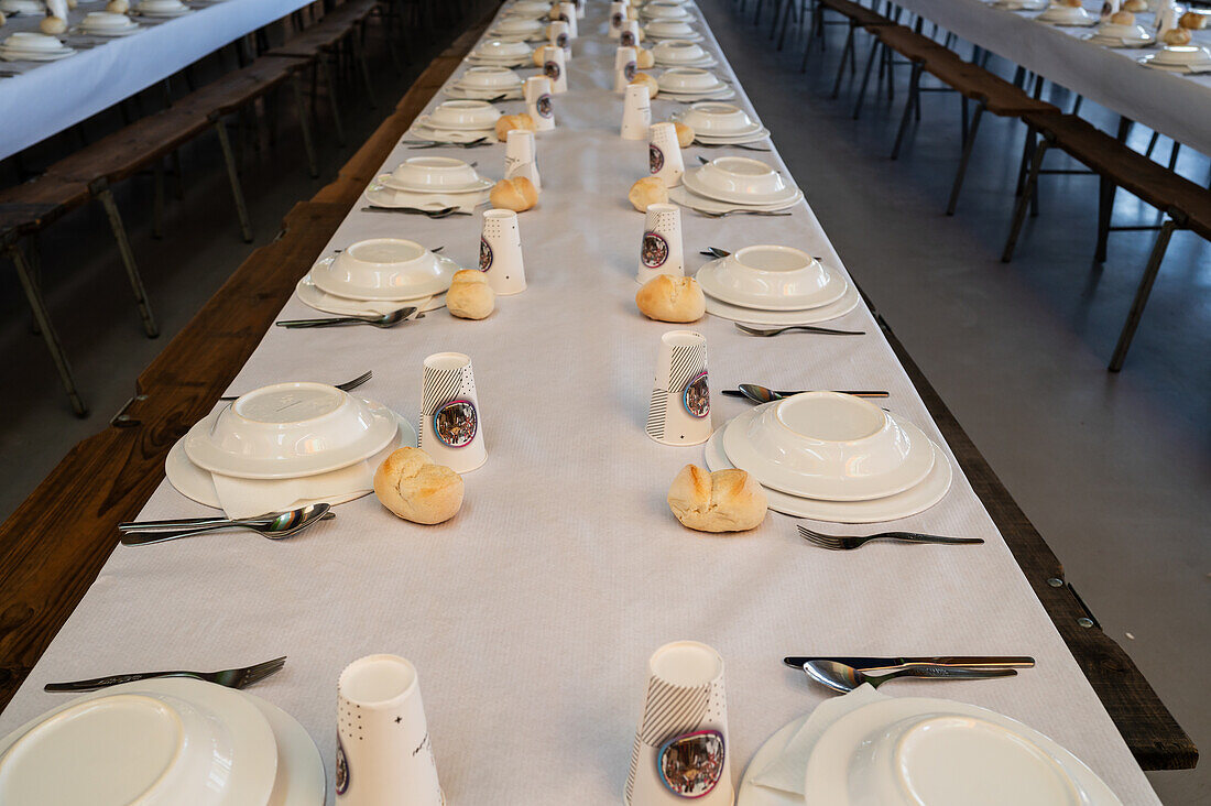 Empty tables ready at the traditional lunch of The Festival of Saint John of Sobrado, also known as Bugiada and Mouriscada de Sobrado, takes place in the form of a fight between Moors and Christians , locally known as Mourisqueiros and Bugios, Sao Joao de Sobrado, Portugal