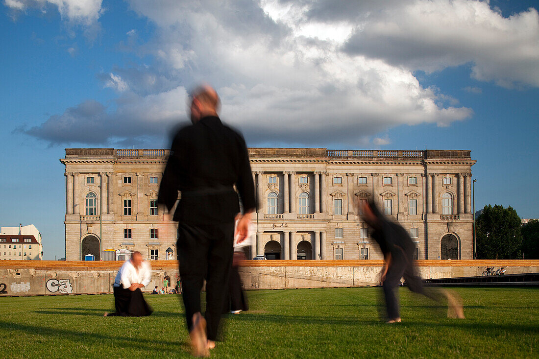 Martial artists engage in judo and karate on the green lawn of Schlossplatz, surrounded by historic architecture in Berlin, Germany.