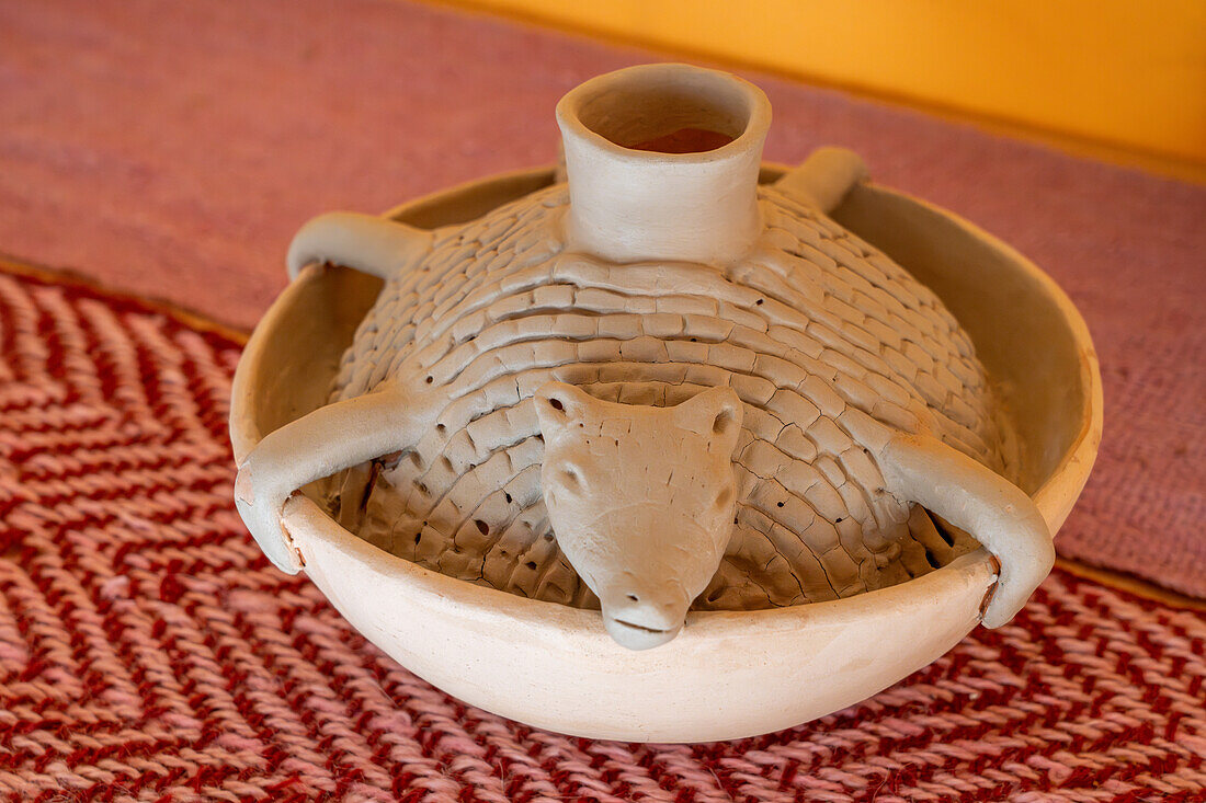 A ceramic armadillo pot by indigenous Aymara ceramic artist Santina Alabar in Purmamarca, Argentina.