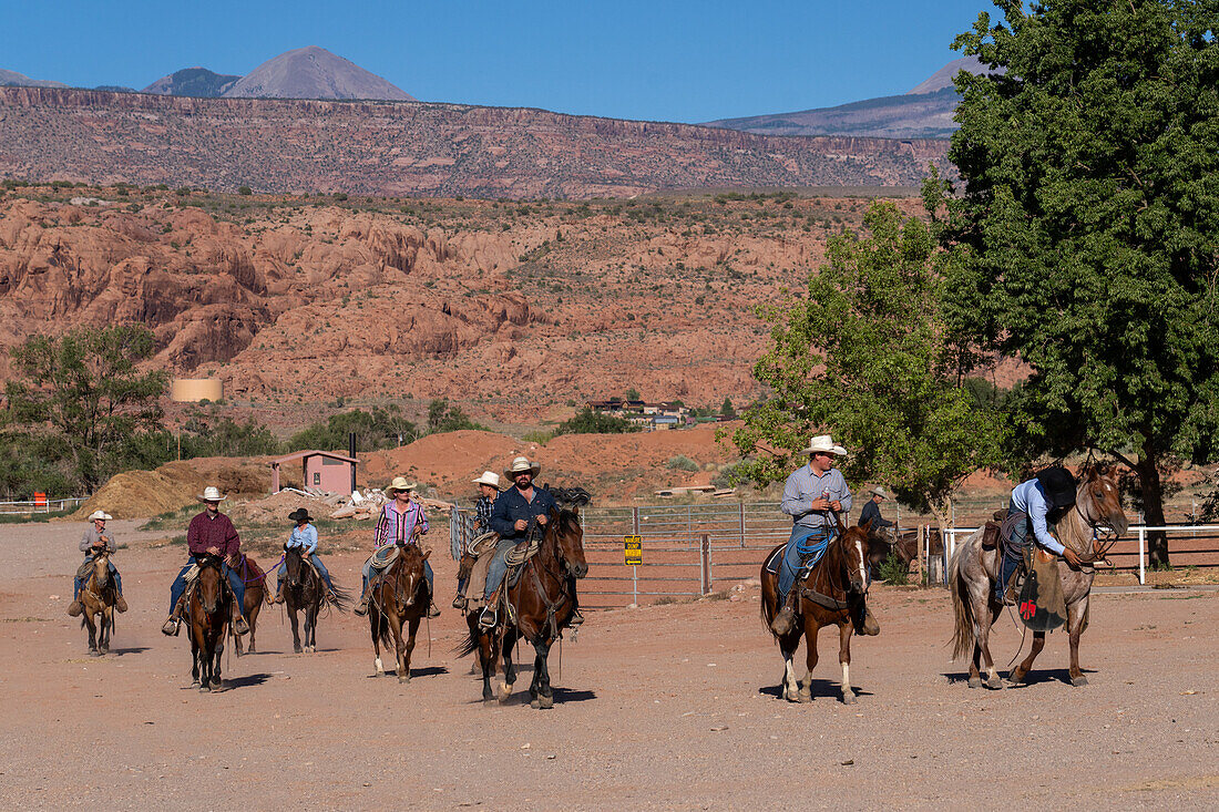 Cowboys ride up to the arena before the Moab Junior Rodeo in Utah.