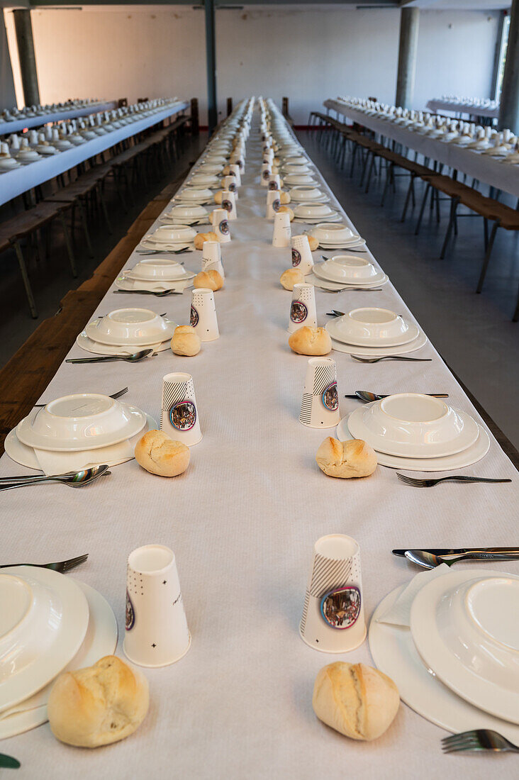 Empty tables ready at the traditional lunch of The Festival of Saint John of Sobrado, also known as Bugiada and Mouriscada de Sobrado, takes place in the form of a fight between Moors and Christians , locally known as Mourisqueiros and Bugios, Sao Joao de Sobrado, Portugal