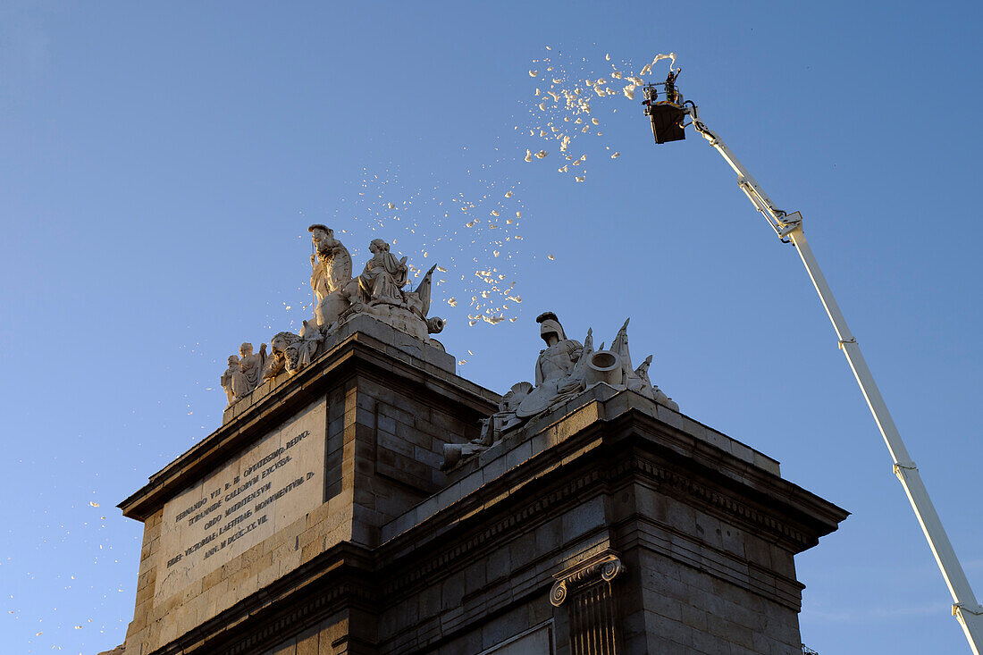 Traditional fire department exhibition at La Paloma feasts in Madrid.