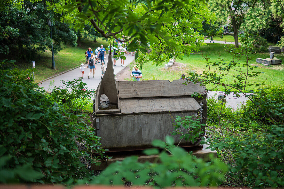 Building Sculptures and Girl with a Dove by Kristof Kintera at Holubicka Park, Prague