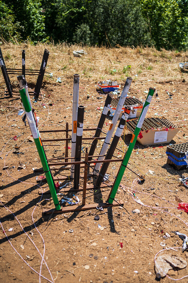 Rests of used fireworks during The Festival of Saint John of Sobrado, also known as Bugiada and Mouriscada de Sobrado, takes place in the form of a fight between Moors and Christians , locally known as Mourisqueiros and Bugios, Sao Joao de Sobrado, Portugal